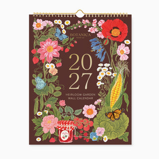 A hanging wall calendar cover for 2027 titled 'Botanica Paper Co. Heirloom Garden Wall Calendar,' featuring a dark brown background surrounded by colorful illustrated flowers, leaves, butterflies, an ear of corn, and a jar of jam.