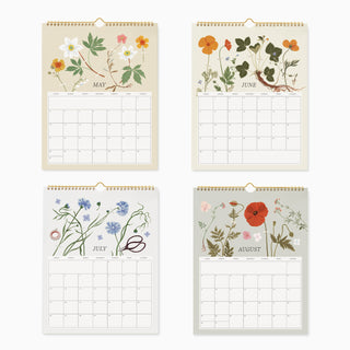 Mid-year calendar pages featuring May through August with vibrant floral illustrations from the Herbarium collection by Oana Befort.