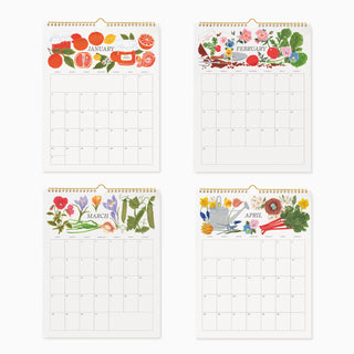 Four spiral-bound monthly calendar pages arranged in a 2x2 grid on a white background, each decorated with colorful botanical illustrations for January through April.