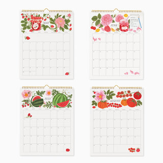 Four floral monthly calendar pages arranged in a 2x2 grid on a white background. Each page has a different summer-themed illustration along the top: May with peaches and strawberries, June with pink roses and a jar, July with watermelons, and August with various kinds of tomatoes.