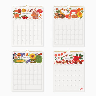 Four spiral-bound monthly calendar pages arranged in a 2x2 grid on a white background, each decorated with autumn harvest illustrations. The pages show September, October, November, and December calendars with colorful seasonal graphics including pumpkins, corn, flowers, and fruits.