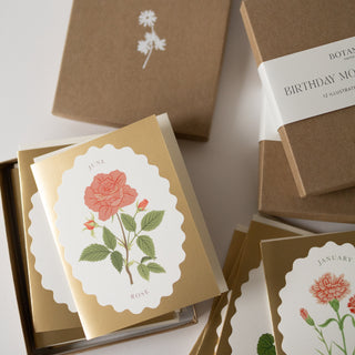 Top view of cards featured in the Birth Month Flowers Boxed Card Set Of 12 illustrated by Oana Befort for Botanica Paper Co.
