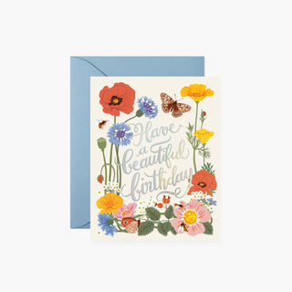 Botanist Birthday greeting card by Oana Befort for Botanica Paper Co. featuring scientific botanical illustration with holographic foil accents based on hand-painted watercolor and gouache artwork on warm white matte cardstock, A2 size with blank interior
