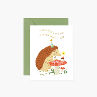 Birthday Hedgehog birthday card by Oana Befort for Botanica Paper Co. featuring adorable hand-painted watercolor and gouache illustration of hedgehog with gold foil accents on warm white matte cardstock, A2 size with blank interior