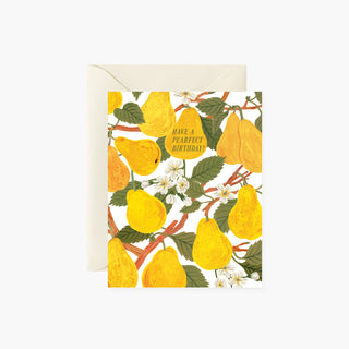 Pearfect Birthday greeting card by Oana Befort for Botanica Paper Co. featuring charming hand-painted watercolor and gouache illustration of pears with botanical elements on warm white matte cardstock, A2 size with blank interior