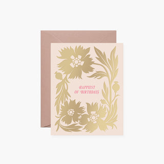 Gold Poppies Birthday greeting card by Oana Befort for Botanica Paper Co. featuring elegant poppy botanical illustration with gold foil accents on warm white matte cardstock, A2 size with blank interior