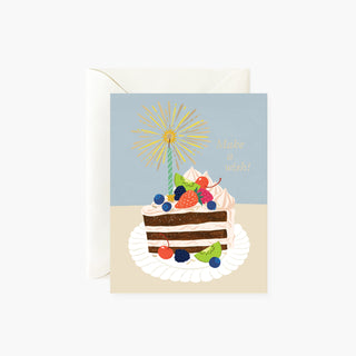Make A Wish Birthday Cake greeting card by Oana Befort for Botanica Paper Co. featuring enchanting hand-painted watercolor and gouache illustration of birthday cake with candles and gold foil accents on warm white matte cardstock, A2 size with blank interior