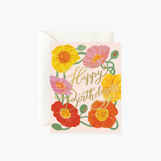Iceland Poppies Birthday greeting card by Oana Befort for Botanica Paper Co. featuring delicate Iceland poppy botanical illustration with gold foil accents on warm white matte cardstock, A2 size with blank interior