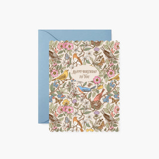 Songbirds Birthday greeting card by Oana Befort for Botanica Paper Co. featuring illustrated songbirds with botanical elements and elegant scalloped die-cut edges on warm white matte cardstock, A2 size with blank interior