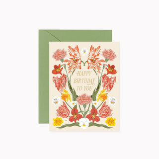 Birthday greeting card by Oana Befort for Botanica Paper Co. featuring spring florals with gold foil accents on the front and blank interior.