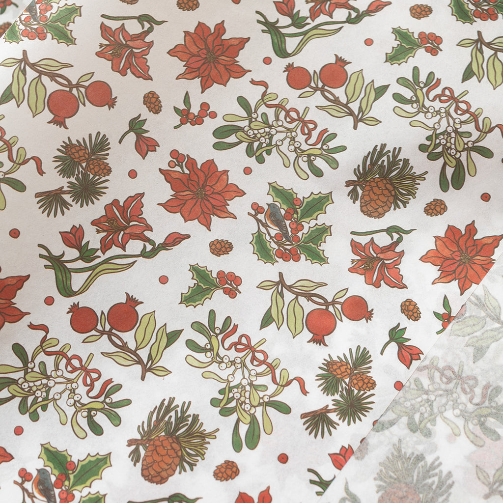 Christmas-themed pattern with poinsettias, holly, and pine cones on a white background.