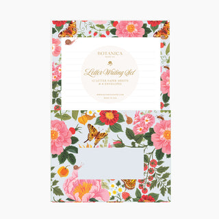 A Botanica Letter Writing Set featuring a floral and butterfly patterned envelope and matching letter sheets on a light gray background.