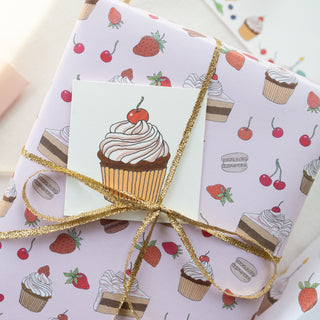 Cupcake mini cards and wrapping paper with cupcake and strawberry pattern and gold ribbon