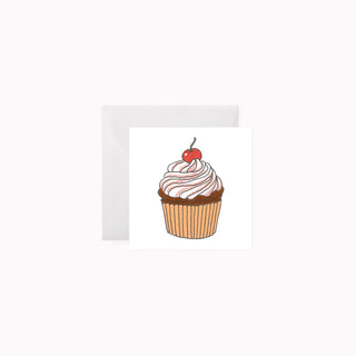 Cupcake card with pink frosting and a cherry on top on a white background