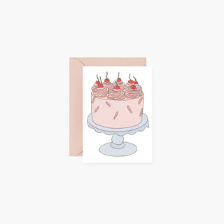 Mini card with illustration of a pink cake with cherries on a white background