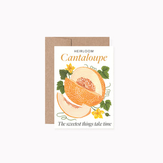 A greeting card featuring an illustration of a cantaloupe melon, shown with a brown kraft envelope against a light gray background. The card reads 'HEIRLOOM Cantaloupe' and 'The sweetest things take time'.