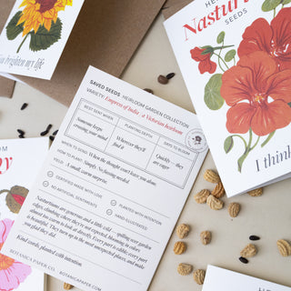 Illustrated seed packet-style greeting cards with seeds in the background