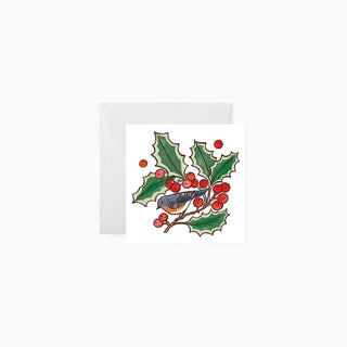 Square mini card featuring illustrated holly and bluebird on a white background