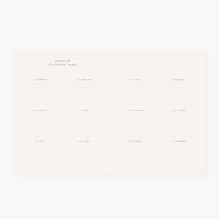 Birthdays and Important Dates page of the Undated Monthly Planner illustrated by Oana Befort for Botanica Paper Co.