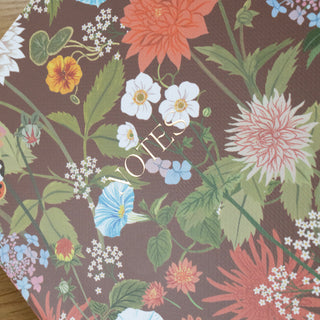 Floral pattern with colorful flowers and leaves on a brown background