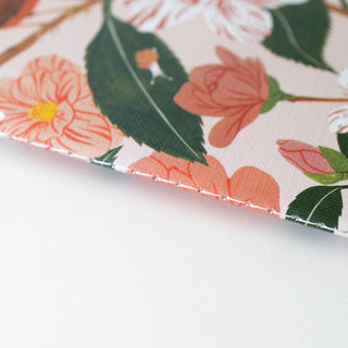 Close-up side view of the Camellia Undated Monthly Planner illustrated by Oana Befort for Botanica Paper Co.