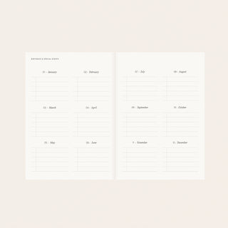 Birthdays and Special Events spread from Reverie planner displaying organized layout for recording important celebrations
