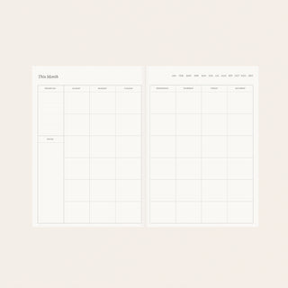 Monthly planning spread from Herbarium planner showing the clean, undated layout with ample writing space on premium 140 gsm natural white paper, perfect for flexible year-round planning