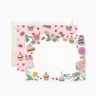 Greeting card with cake and cupcake illustrations on a pink background