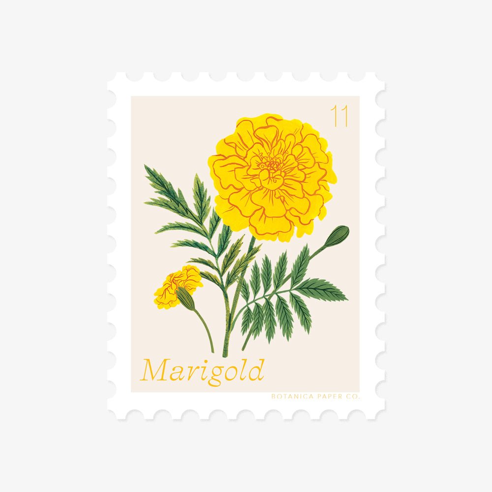 MARIGOLD, NOVEMBER FLOWER | STAMP-STYLE VINYL STICKER – Botanica 
