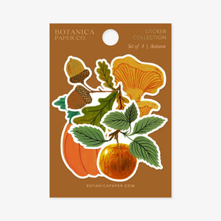 Vinyl sticker set of 4 featuring fall elements like apple, mushroom, acorn, and pumpkin packed and ready for seasonal or holiday gifts and Christmas stockings