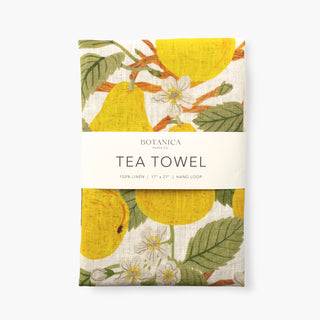Pear Orchard 100% linen tea towel by Oana Befort featuring elegant botanical illustrations of pear trees with ripe fruit and delicate blossoms on premium European linen, 17 x 27 inches