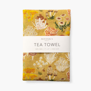 Mushrooms 100% linen tea towel by Oana Befort featuring whimsical botanical illustrations of various mushroom species in earthy tones on premium European linen, 17 x 27 inches
