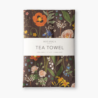 Wild Flowers 100% linen tea towel by Oana Befort featuring vibrant botanical illustrations of wildflower meadow blooms against a dramatic dark background on premium European linen, 17 x 27 inches