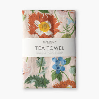 oppies 100% linen tea towel by Oana Befort featuring delicate botanical illustrations of red poppies with flowing stems and petals on a soft light pink background, premium European linen, 17 x 27 inches