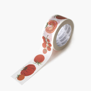A roll of washi tape featuring heirloom tomatoes shown on a clean white background with the tape unrolled slightly to display the design.