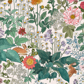 Illustration of a garden with flowers, leaves, and small animals on a white background