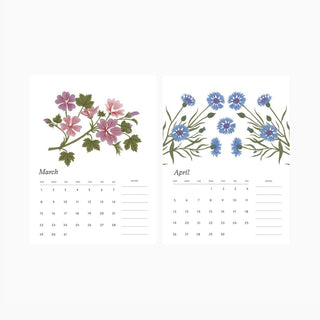 March and April calendar pages with illustrated botanicals by Oana Befort from the 2026 Botanist desk calendar.