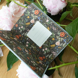 Floral-patterned notebook with a postcard on top, surrounded by pink flowers and green leaves.