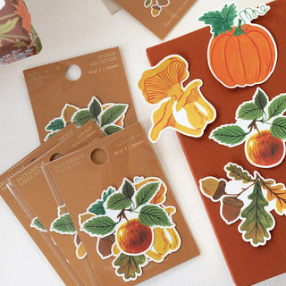 sticker set featuring pumpkin, mushroom, apple and acorn packed and ready for holiday gifting
