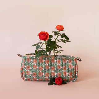Cotton Quilted Pencil Pouch with illustrated rose pattern. Art by Oana Befort