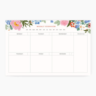 Garden Weekly Overview Notepad featuring garden flowers on white backgorund. Illustrated art by Oana Befort for Botanica Paper Co.®